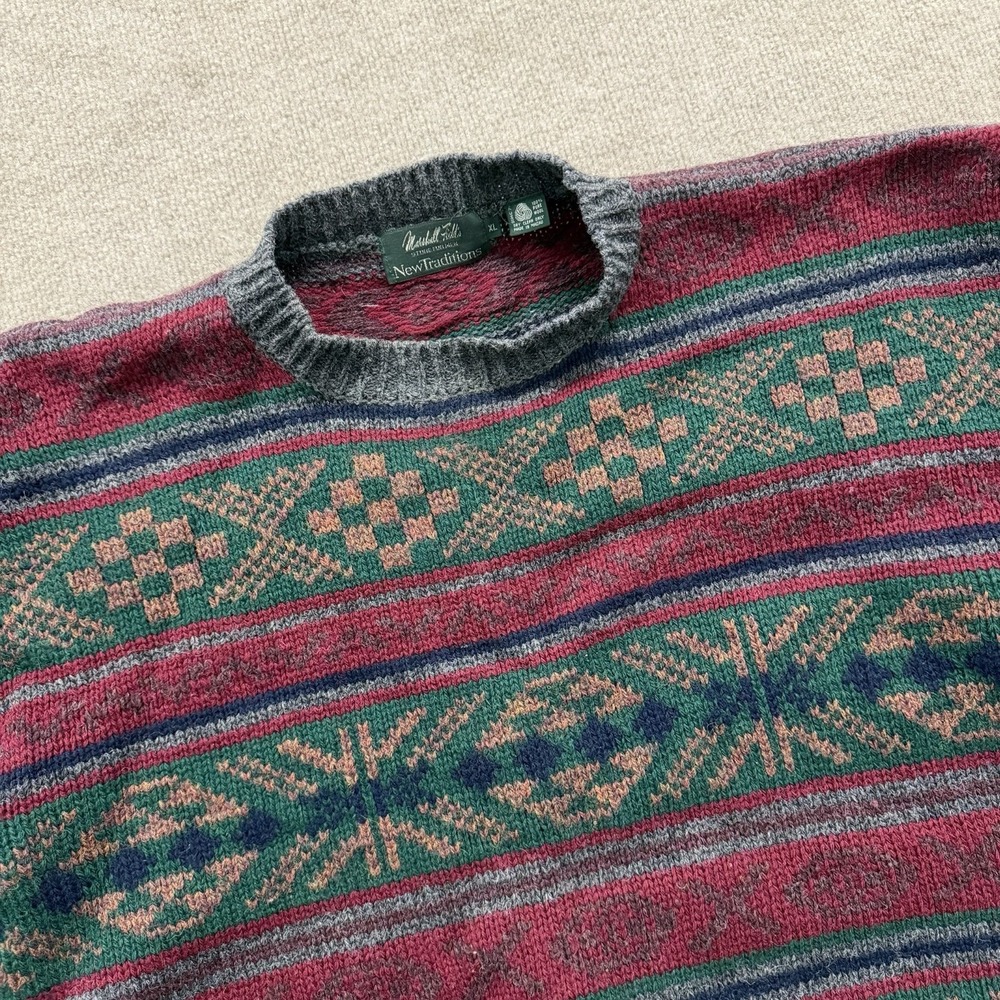 Vintage Marshall Fields Sweater Mens XL Pure Wool Grandpa Knit 80s Red Green